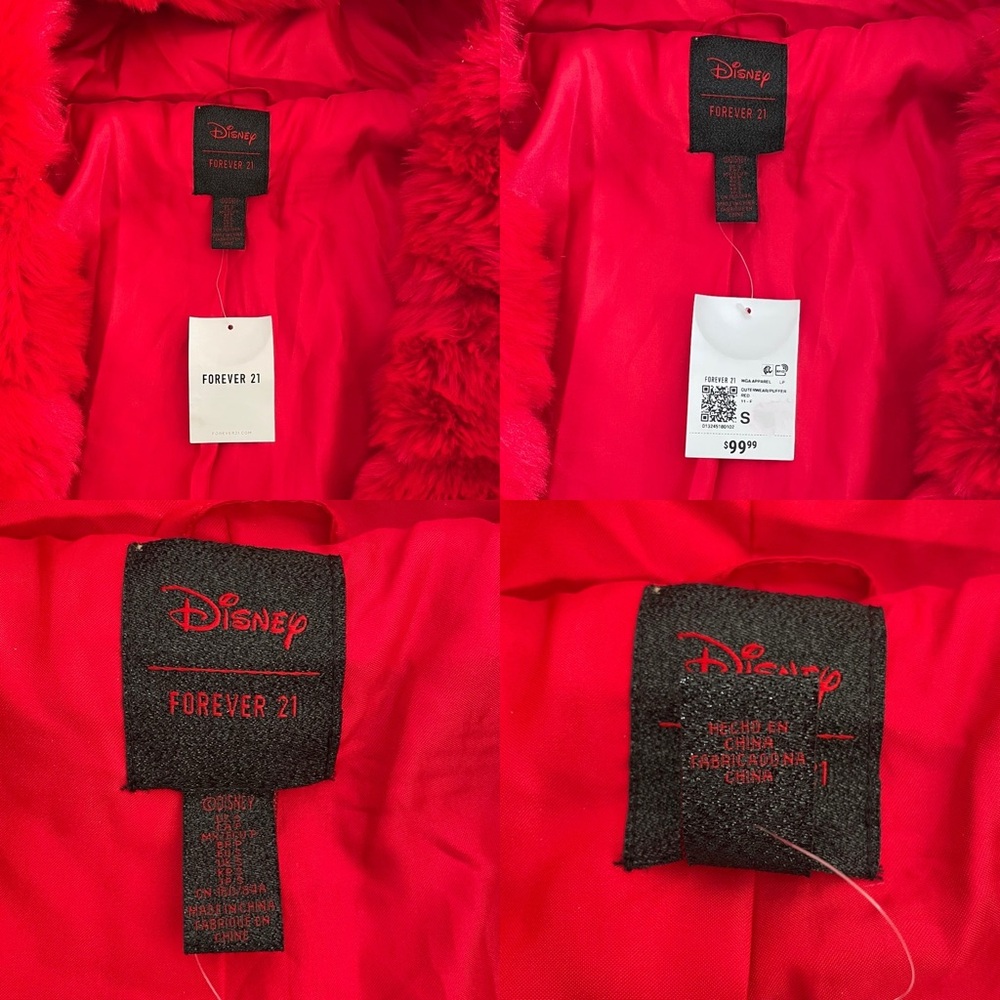 Forever 21 x Disney Mickey Mouse Faux Fur Cropped Red Hooded Puffer Jacket Small - Picture 10 of 16